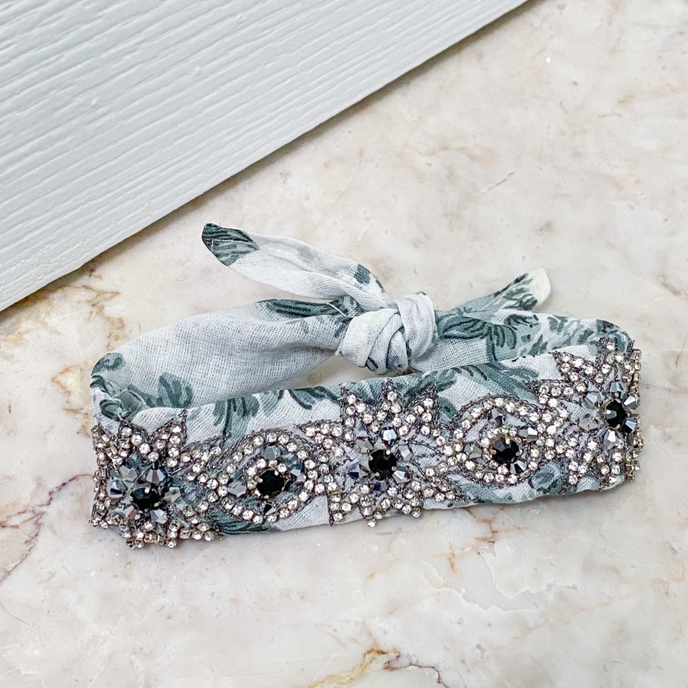 Anthropologie Gray Floral Fabric Rhinestone Choker or Bracelet LAST ONE!